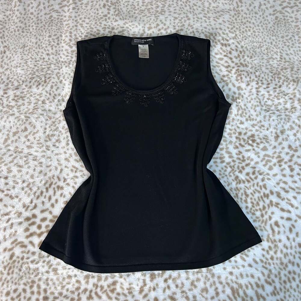 Jones New York Collection Black Beaded Neck Sleeveless Knit Top Medium